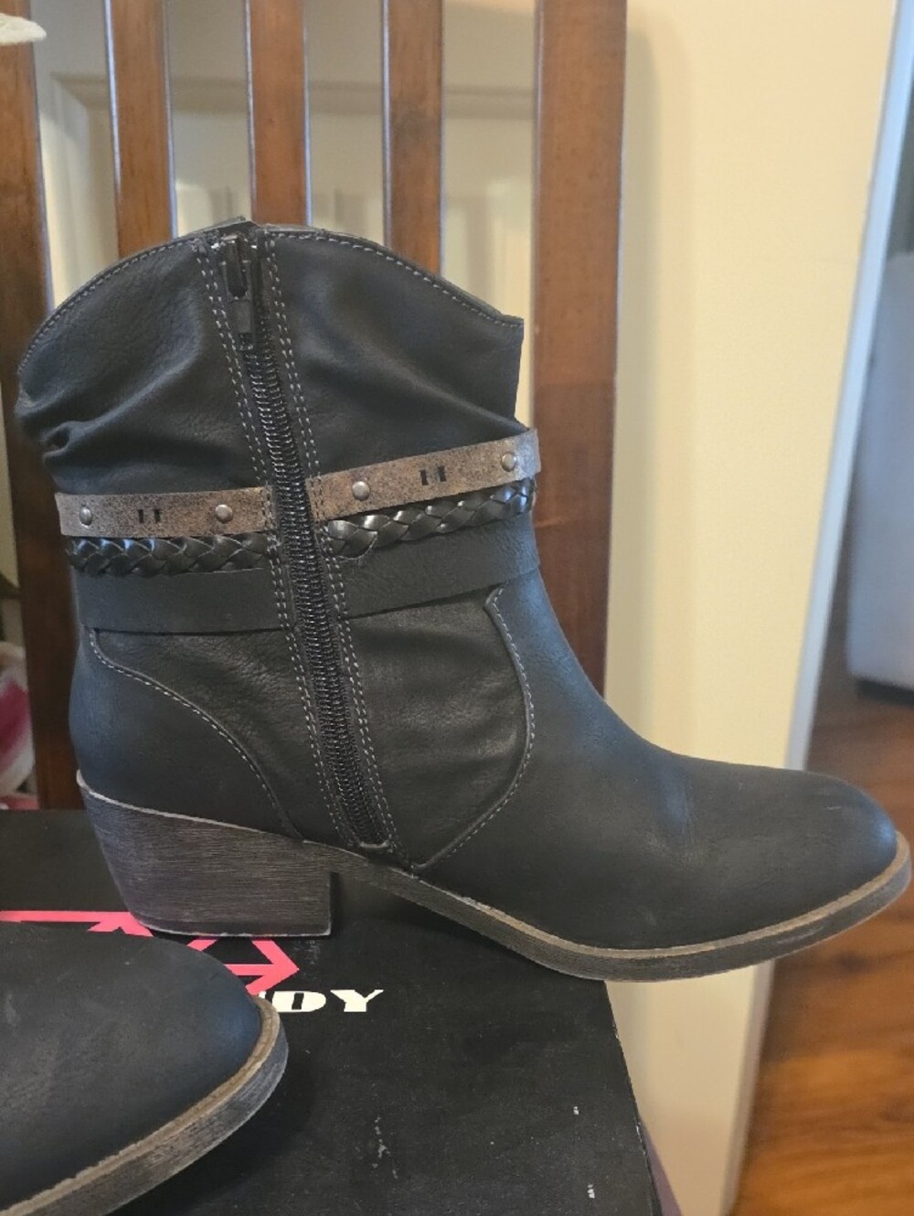 Rock & Candy Black Studded Strap Low Heel Ankle Boots - Picture 4 of 8